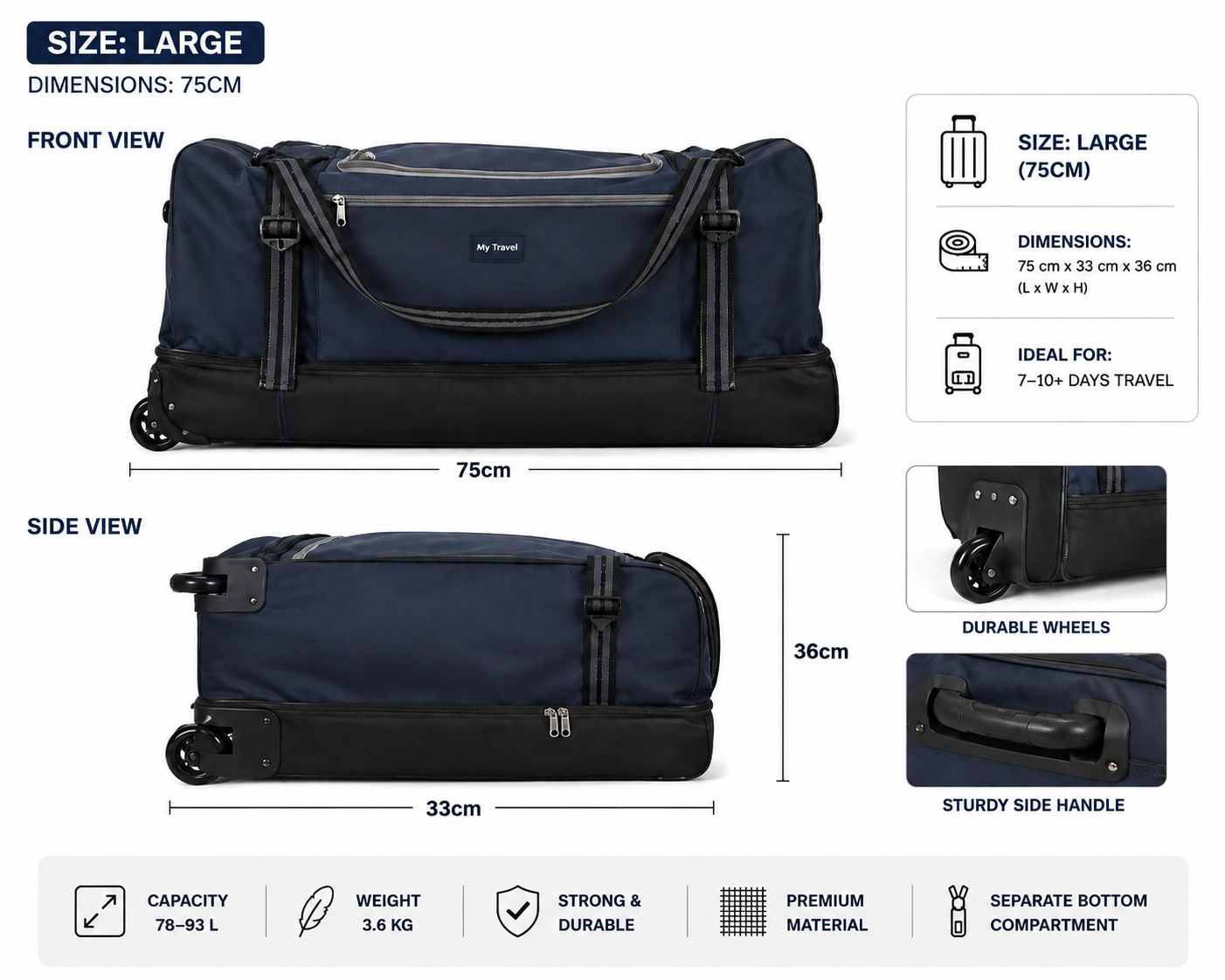 Travel Large Rolling Duffel Travel Bag with Wheels